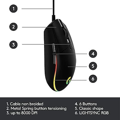 Logitech G102 USB Light Sync Gaming Mouse with Customizable RGB Lighting, 6 Programmable Buttons, Gaming Grade Sensor, 8K DPI Tracking, 16.8mn Color,