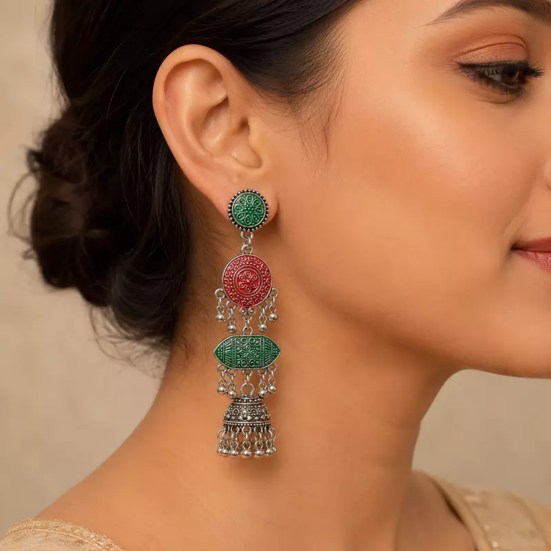 Haritara Green and Red Layered Oxidised Jhumka Earrings