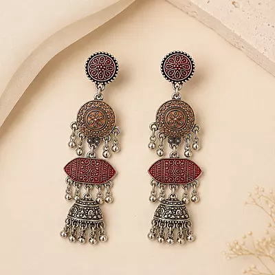 Raktima Maroon Layered Oxidised Jhumka Earrings