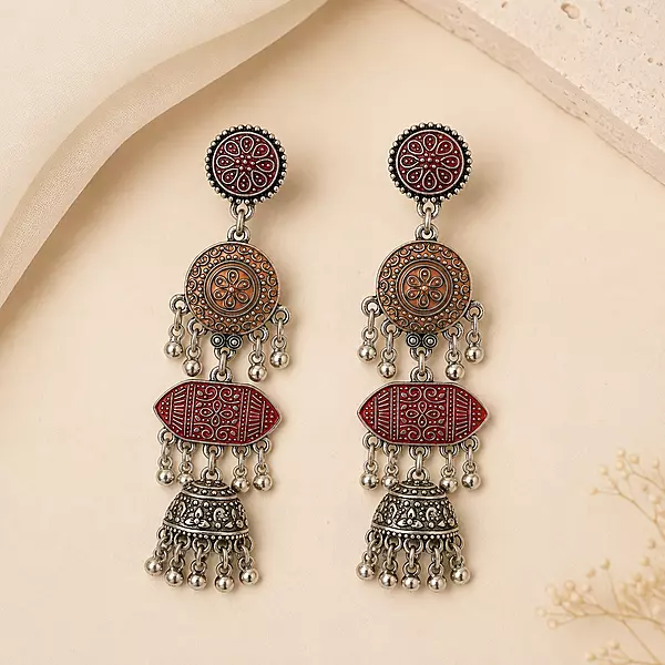 Raktima Maroon Layered Oxidised Jhumka Earrings
