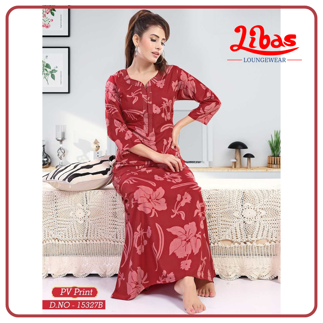 Chilli Red Bizi Lizi Long Sleeve Nighty With Floral Print All Over From Libas Loungewear - LSN218