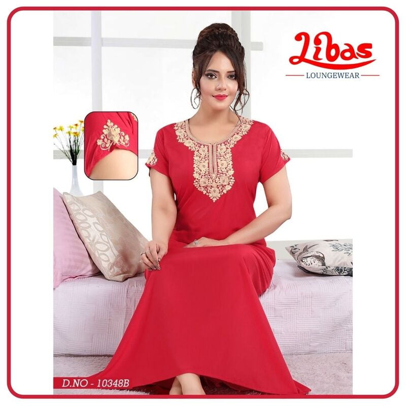 Cardinal Red Bizi Lizi Plain Embroidery Nighty From Libas Loungewear - EN090 Cardinal Red Bizi Lizi Plain Embroidery Nighty From Libas Loungewear - EN090