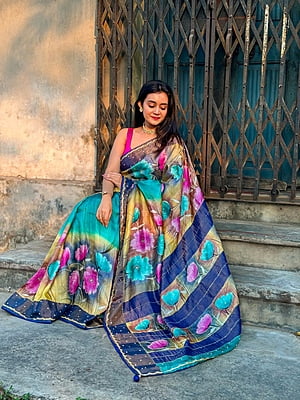 Multicolor handpainted katdana work pure tassar silk saree