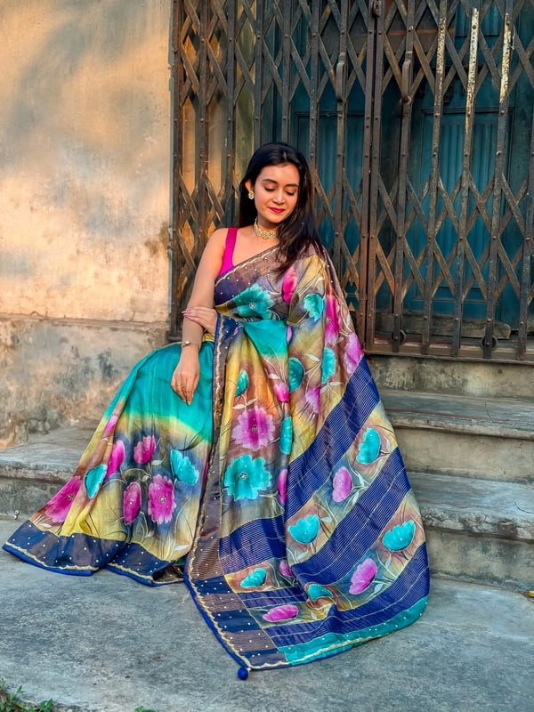 Multicolor handpainted katdana work pure tassar silk saree