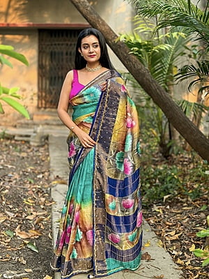 Multicolor handpainted katdana work pure tassar silk saree