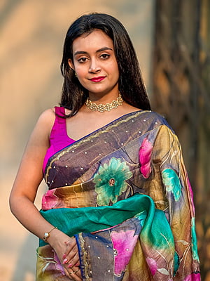 Multicolor handpainted katdana work pure tassar silk saree