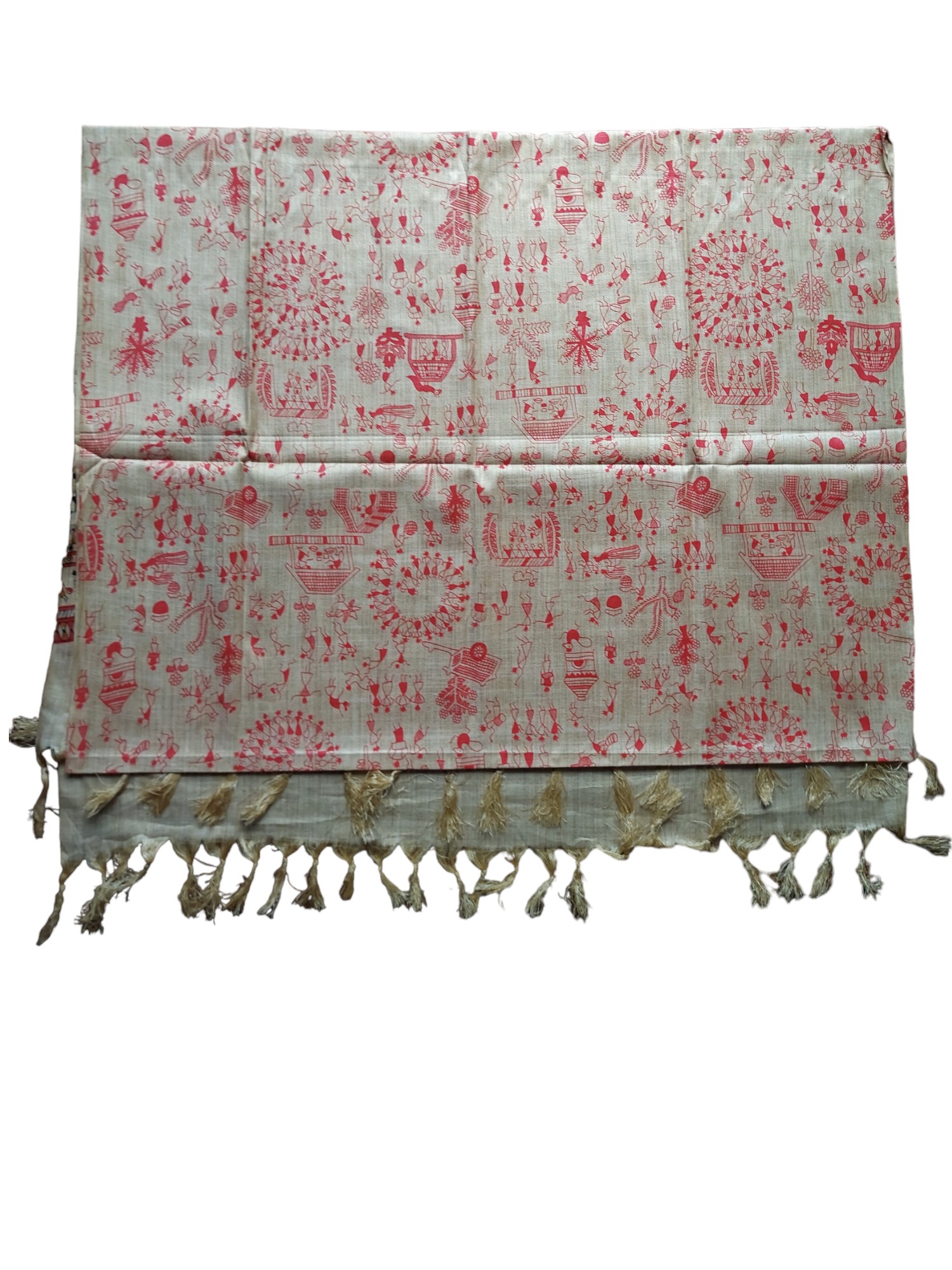 Red & Golden Madhubani Print Cotton Silk Dupatta for Women