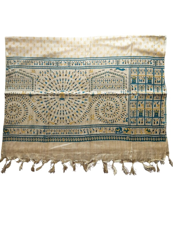 Yellow & Golden Madhubani Print Cotton Silk Dupatta for Women