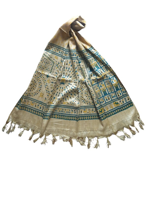 Yellow & Golden Madhubani Print Cotton Silk Dupatta for Women
