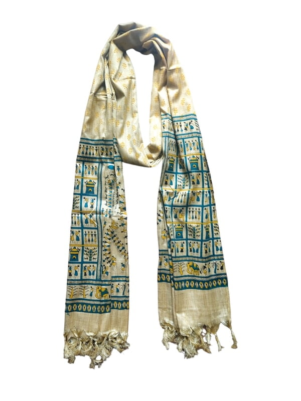 Yellow & Golden Madhubani Print Cotton Silk Dupatta for Women