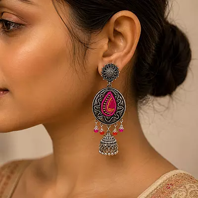 Rangrekha Magenta and Orange Beaded Oxidised Jhumka Earrings
