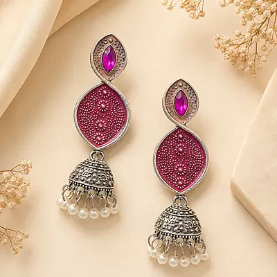 Gulmeher Magenta Enamel Oxidised Jhumka Earrings