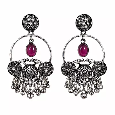 Gulnaar Magenta Stone Bird Motif Oxidised Chandbali Earrings