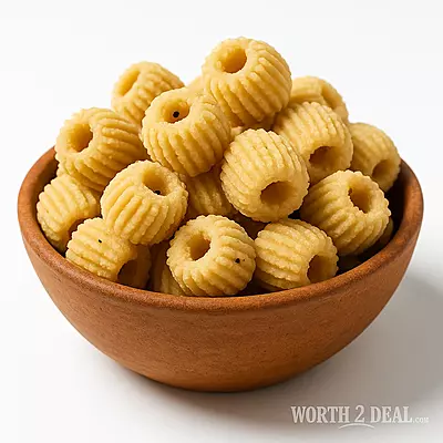 Fresh Kerala Ari Murukku in a clay bowl on a white background with subtle Worth2Deal.com watermark.