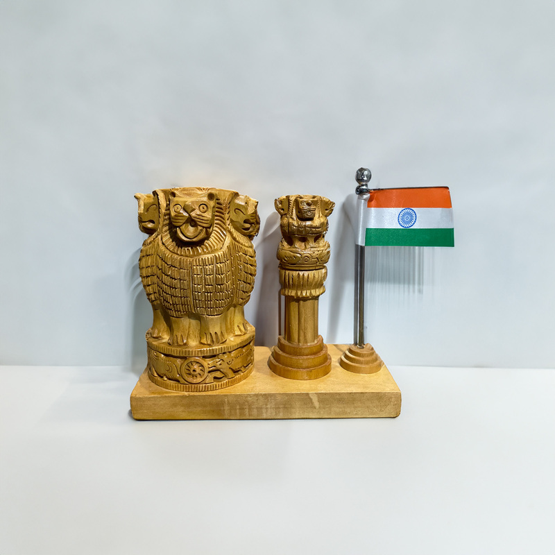 Ashoka Pillar Pen Holder with Indian National Flag Crafted