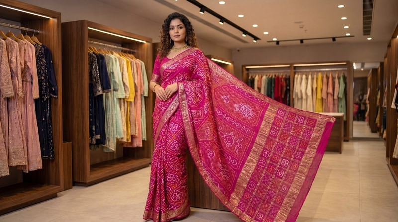 Kala Sanskruti All Over Rani Pink Color Pure Gaji Silk Bandhani Saree 6.5M with Blouse Piece Elegant Traditional Wear Saree for Women