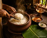 Kerala kitchen scene serving cooked Bodhana rice from clay pot.