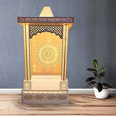 3D Corian Om Mandir With Pillar & Drawer 3D Corian Om Mandir With Pillar & Drawer