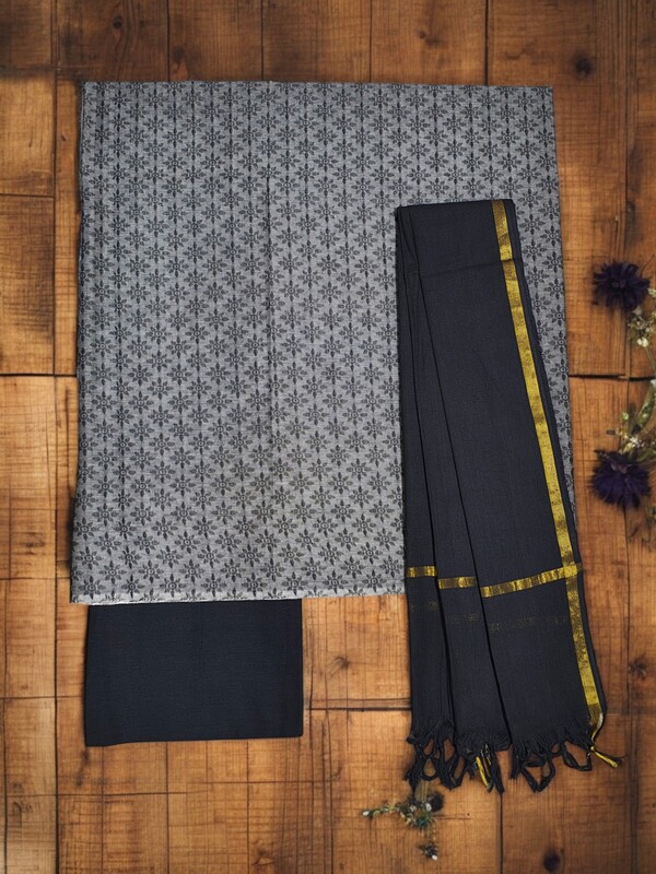 Grey & Black Handloom South Cotton Unstitched Salwar Suit Set with Dupatta for Women