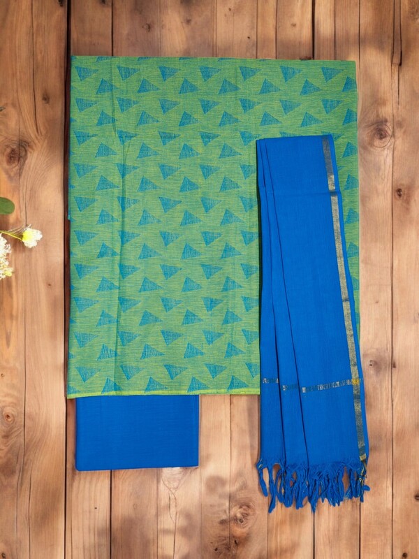 Green & Blue Handloom Mangalagiri Cotton Unstitched Salwar Suit with Ikkat Border for Women