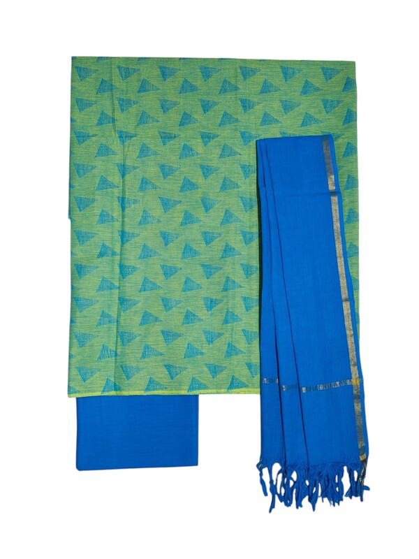 Green & Blue Handloom Mangalagiri Cotton Unstitched Salwar Suit with Ikkat Border for Women