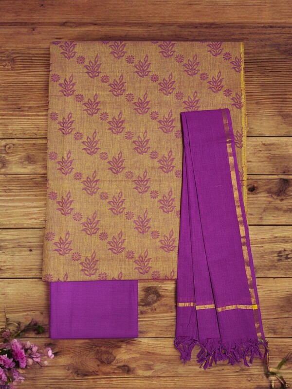 Mustard & Purple Handloom South Cotton Unstitched Salwar Suit Set with Dupatta for Women