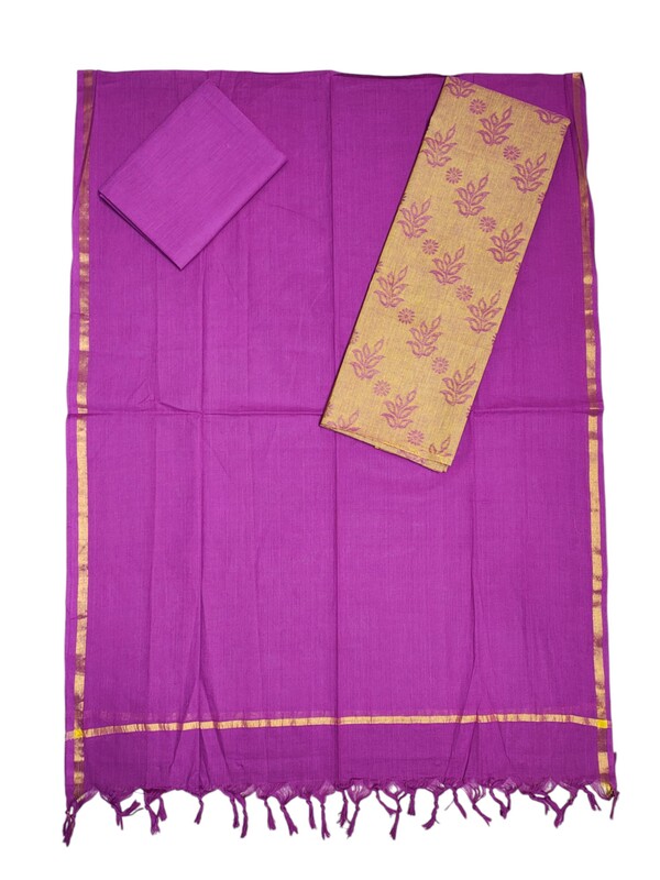 Mustard & Purple Handloom South Cotton Unstitched Salwar Suit Set with Dupatta for Women