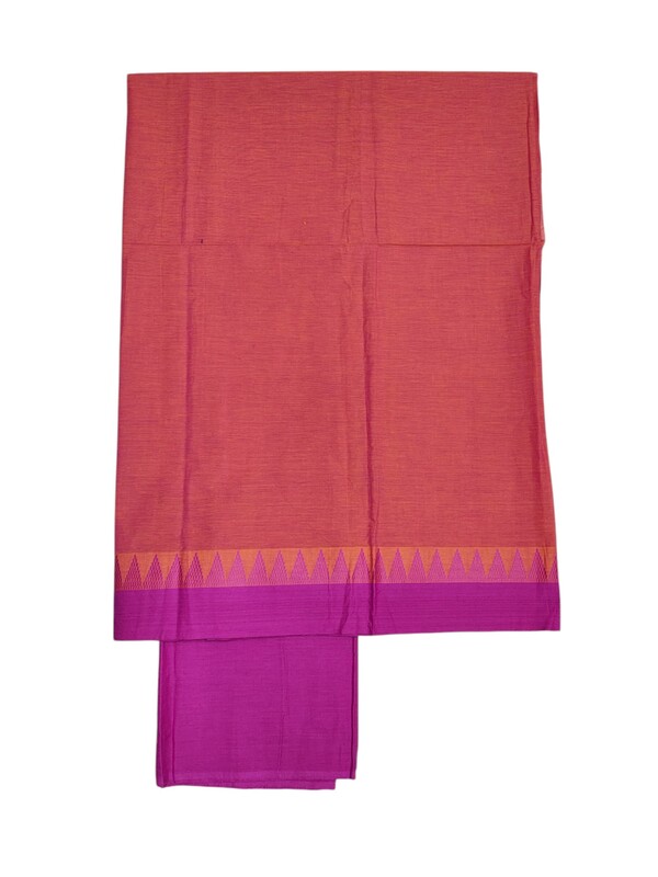 Orange & Pink Handloom Mangalagiri Cotton Plain Unstitched Salwar Suit with Temple Border for Women
