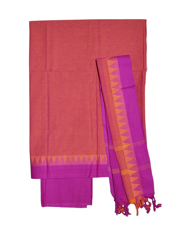 Orange & Pink Handloom Mangalagiri Cotton Plain Unstitched Salwar Suit with Temple Border for Women