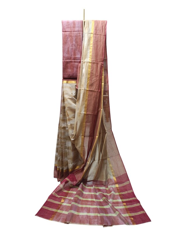 Beige Pochampally Ikkat Cotton Saree with Unstitched Blouse