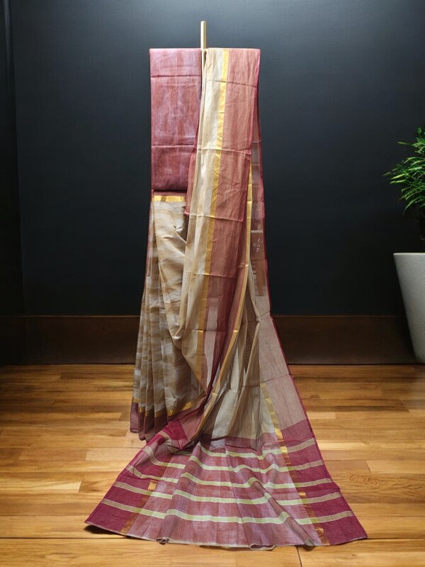 Beige Pochampally Ikkat Cotton Saree with Unstitched Blouse