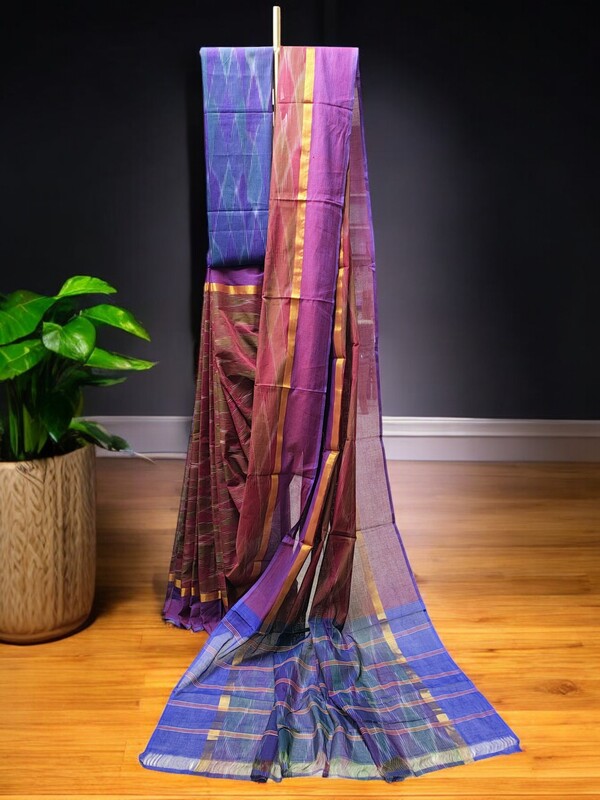 Maroon Ikkat Cotton Saree with Unstitched Blouse