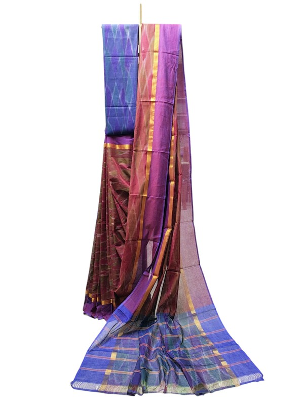 Maroon Ikkat Cotton Saree with Unstitched Blouse
