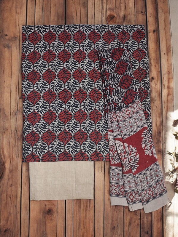 Maroon & Beige Cotton Hand Block Print Unstitched Salwar Suit Set with cotton Dupatta for Women