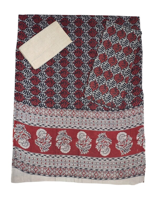 Maroon & Beige Cotton Hand Block Print Unstitched Salwar Suit Set with cotton Dupatta for Women