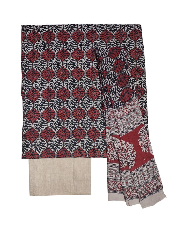Maroon & Beige Cotton Hand Block Print Unstitched Salwar Suit Set with cotton Dupatta for Women