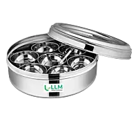 LLM Stainless Steel Masala Dabba with 7 Compartments, See-through Lid, Mirror Finish, Silver