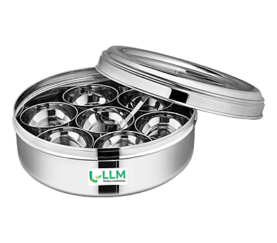 LLM Stainless Steel Masala Dabba with 7 Compartments, See-through Lid, Mirror Finish, Silver