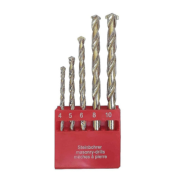 5-piece Masonry Drill Bit Set, For Professionals, Two-Cutter Tip, 2-flute U-shape, Impact Drill Compatibility, 5 Masonry Bits of 4mm, 5mm, 6mm, 8mm,and 10mm