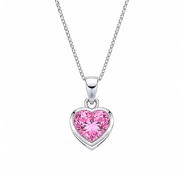 92.5 Sterling Silver Pink Heart Pendant Necklace | CZ Stone Chain for Women