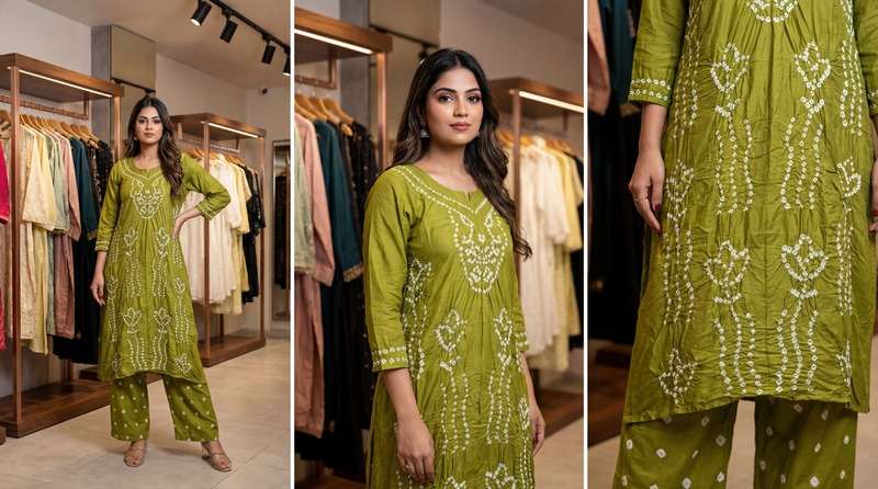 Kala Sanskruti All Over Light Mahendi Color Cotton Bandhani Women's Redy Pair (M) Elegant Traditional Cotton Redy Pair For Women Without Dupatta