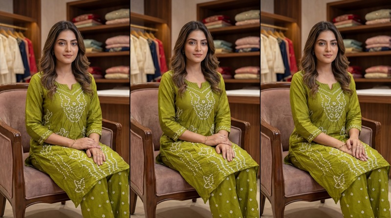 Kala Sanskruti All Over Light Mahendi Color Cotton Bandhani Women's Redy Pair (2XL) Elegant Traditional Cotton Redy Pair For Women Without Dupatta