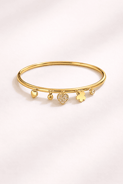Dainty Gold Charm Bangle with Moon and Floral Drops