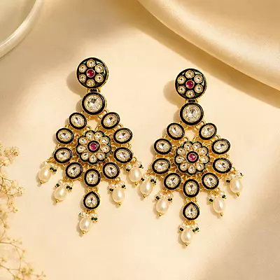 Kundan Aabha Mirror Stone Pearl Dangler Earrings