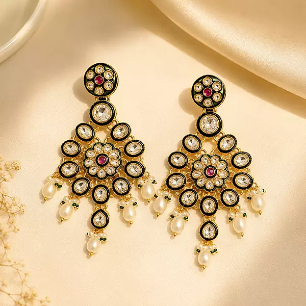 Kundan Aabha Mirror Stone Pearl Dangler Earrings