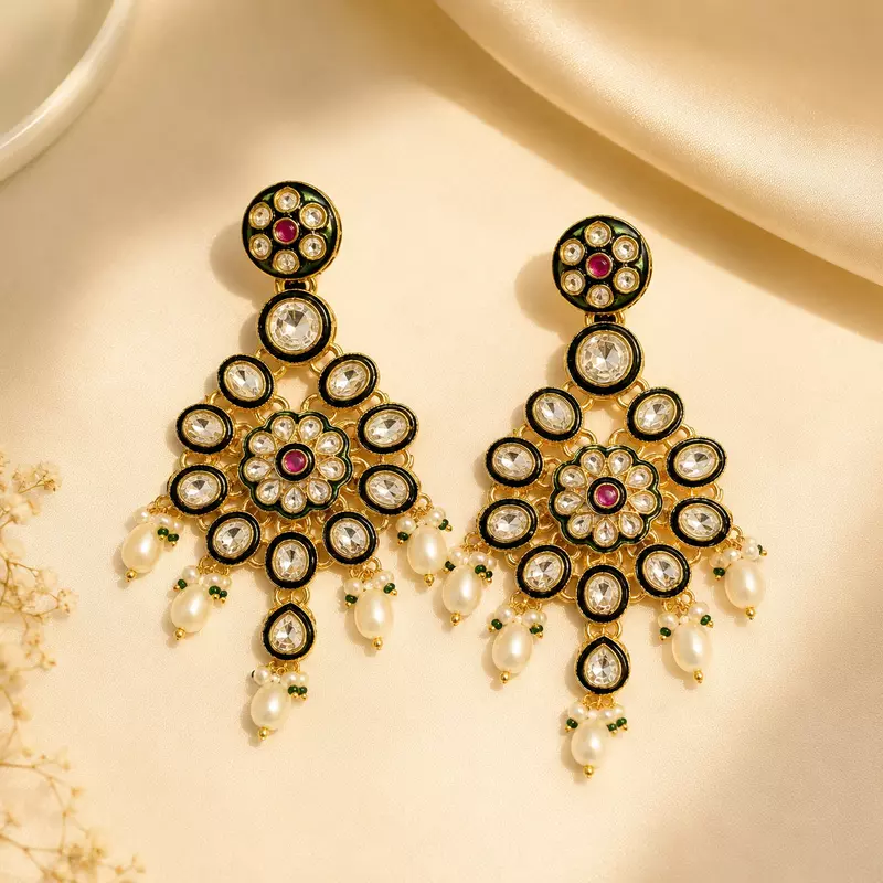 Kundan Aabha Mirror Stone Pearl Dangler Earrings