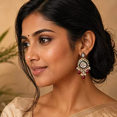 Kundan Chandrika Ruby Pearl Drop Earrings