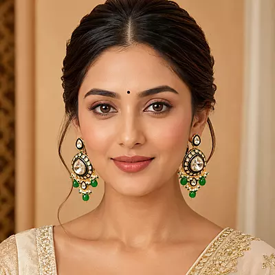Kundan Meera Green Bead Pearl Drop Earrings