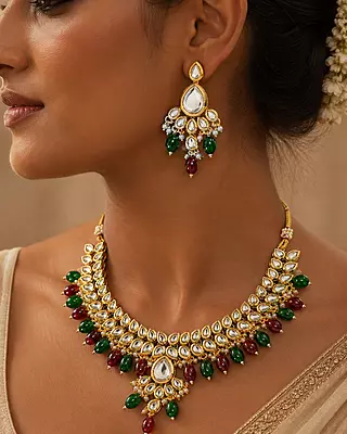 Kundan Vamika Green and Wine Bead Necklace Set