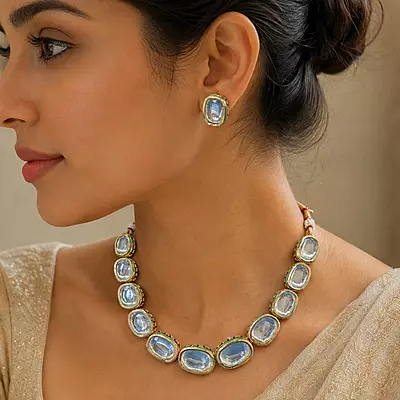 Kundan Aavya Oval Stone Necklace Set